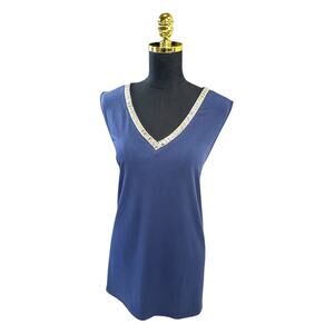 JM Collection Beaded V-Neck Sleeveless Blouse XXL Navy Blue